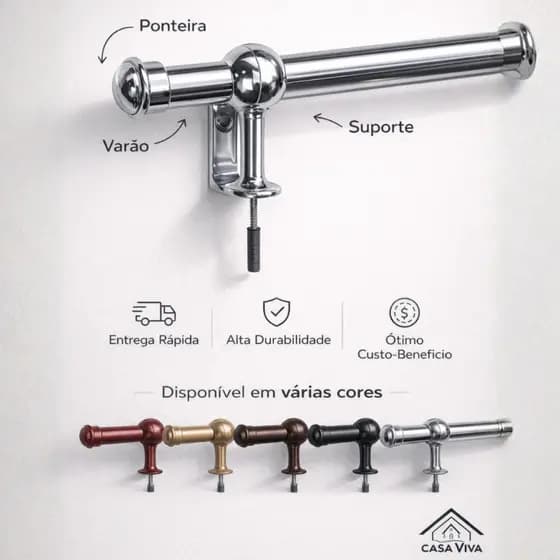 Varão para Cortina 3m 19mm Kit Simples Casa Quarto Sala Diversas Cores