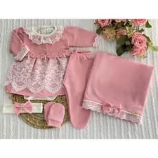 Kit Saída de Maternidade RN 6 Peças Vestido Tricô + Body + Mijão + Manta + Tiara + Luva Bebê