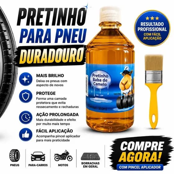PRETINHO BABA DE CAMELO PARA PNEU DURADOURO CONCENTRADO PARA DILUIR RENDE O DOBRO, PINCEL APLICADOR