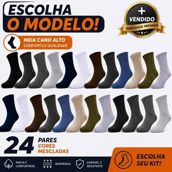 VARIOS MODELOS COM KIT 24 MEIAS CANO ALTO SOQUETE CANO CURTO MASCULINO FEMININO ALGODÃO CONFORTÁVEL