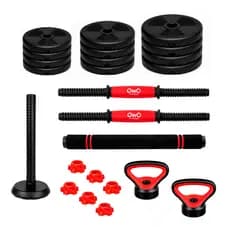 Kit Musculação 6 em 1 Combo Red Dumbbell 20kg - Halteres, Barra e Kettlebell