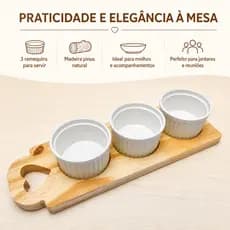 Kit Tábua de Madeira Pinus Para Molhos Com Trio De Ramequim Branco de Porcelana