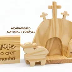 Kit Decoração Páscoa Cristã Kit Madeira Pinus Santo Sepulcro Ele Vive Ovelha