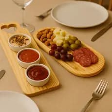 Kit Tábuas Servir Frios Petiscos 3 Ramequins Porcelana Molhos Temperos Bandeja Madeira Pinus Mesa Posta Decoração
