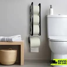 Suporte Porta Papel Higiênico Parede 4 Rolos Preto Fácil Fixação Dupla Face ou Parafusos