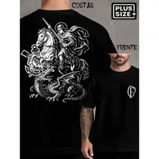 Camisa Algodão Masculina São Jorge Camiseta Timão Futebol Streetwear Gola Redonda Branca e Preta