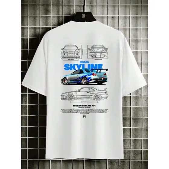 Camiseta Carros Nissan Skyline R34 GTR 100% Algodão Camisa Preta e Branca Adulto e Infantil