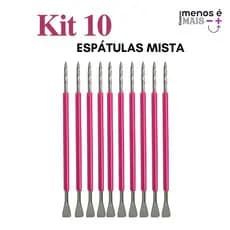 Kit 10 Espátulas Slim -  Bastão Mista Unha Inox  Com Silicone Cutelaria Manicure