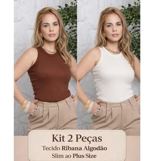 Kit 2 Blusa Feminina Regata em Malha Ribana Premium Moda Casual Básica Slim Plus