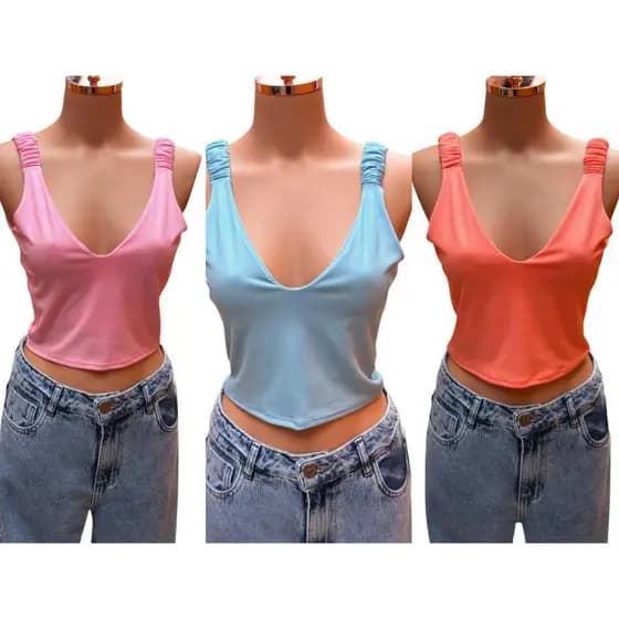 Cropped Feminino Decote V | Alça com Elástico | Tecido Ribana | Tamanho Único M (Veste 38 ao 42)
