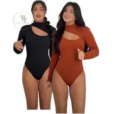 Kit 2 Body Feminino Manga Longa Gola Alta com Decote Busto - blogueira - tecido anarruga