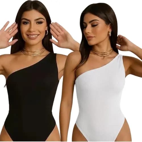 Kit 2 Body Feminino Regata Mula Manca com Bojo Alça Fina um Ombro Esquerdo Tecido Suplex Fashion