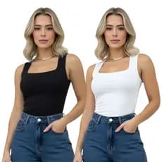 Kit 2 Blusinha Regata Decote Quadrado Reto Na Frente Suplex Tendência Blogueira Fashion Minimalista