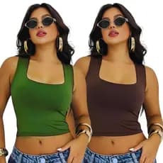 Kit 2 Cropped Femininos Suplex Liso Decote Quadrado – Lançamento Moda Blogueira