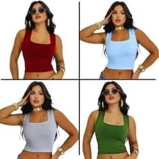 Kit 4 Cropped Feminino Suplex Premium – Decote Quadrado com Alças Finas | Tendência Verão 2025