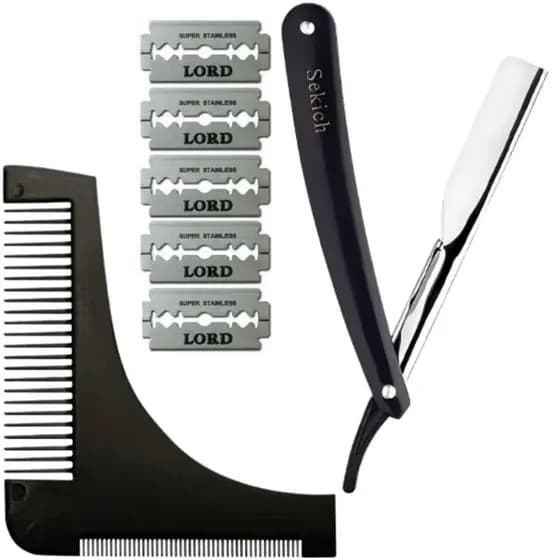 Navalhete Inox De Barbeiro Profissional + Pente Alinhador + 5 Laminas de Barbear