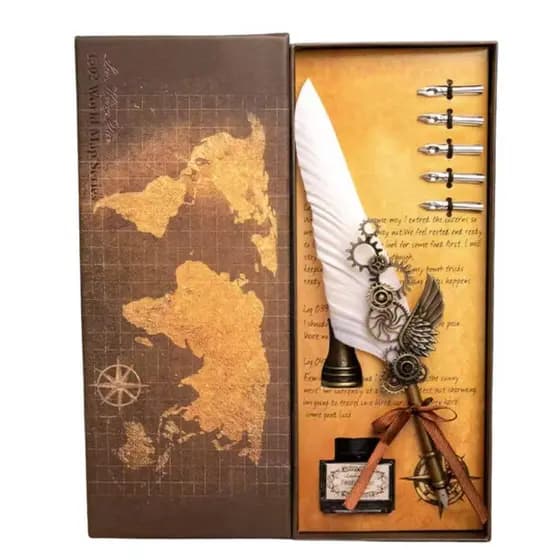 Caneta de Pena Vintage com Suporte Tinteiro e Carimbo - Kit de Escrita ou Decoração
