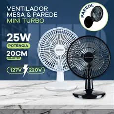 Mini Ventilador 20cm Turbo 2 em 1 Mesa/Parede Portátil 3 Pás 110/220V Branco Preto Escritório Maeto