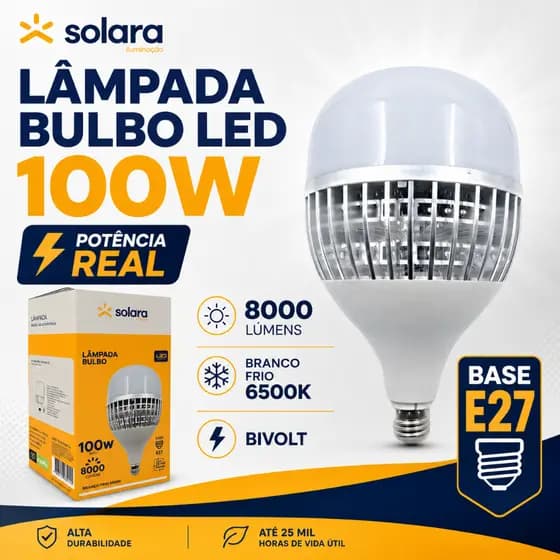 Lampada LED Bulbo 100W E27 HP Alta Potência 8000 Lúmens Grande Luz Branca 6500k Pavilhão Bivolt