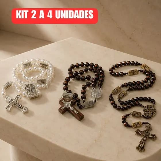 KIT 2 a 4 Terço Católico Da Contemplação São Bento De Madeira Com Os Misterios
