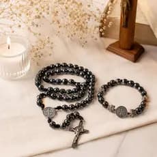Kit Catolico São Bento Terço + Pulseira Hematita Fe e Devoção