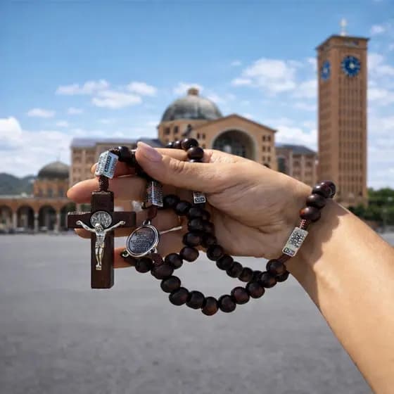 Terço Original Católico Com os Misterios da Contemplação Crucifixo em Madeira