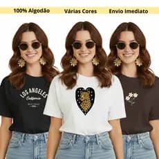 Kit 3 Camisetas 100% Algodão Estampada Estilosa Onça Flor Colorida Blogueira Envio Imediato