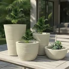 Kit 4 Vasos Texturizados Planta Flor Polietileno Coluna Redonda N1 N2+ Bojo N1+ Bacia N1 Com Pratos