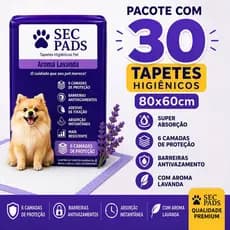 Tapete Pet Higiênico 80x60cm 30 Unidades Com Cheirinho de Lavanda e Adesivo Fixador 6 camadas Não vaza