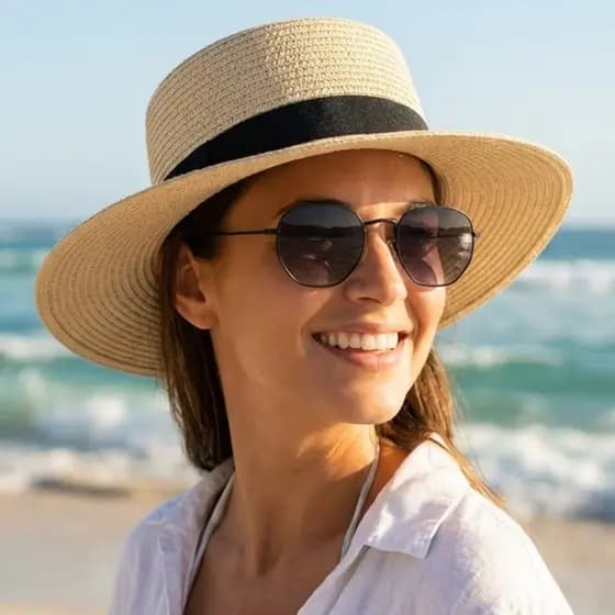 Kit Praia Feminino Óculos de Sol Hexagonal UV400 + Chapéu Paris Aba Média com Fita Preta