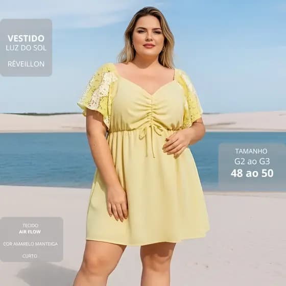 Vestido Feminino Casual  Tamanho do 36 aos G2 ao G3  48 ao 50  cor Amarelo Manteiga | Verão | Tecido Air Flow Premium