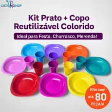 Kit Copo Plástico + Prato Fundo Colorido Reutilizável para Festa Churrasco Merenda Escolar até 80 pç