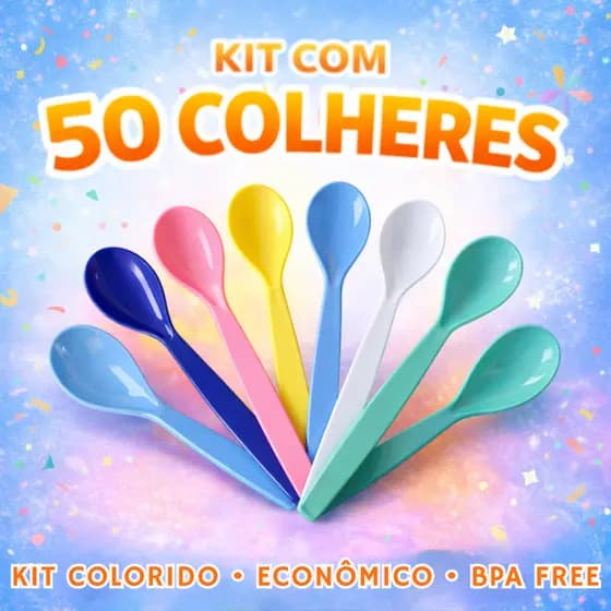 Kit 50 Colheres Plásticas Reutilizáveis Coloridas Sobremesa Festa Escolar Resistente
