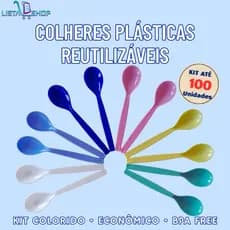 Kit Colher de Plástico Reutilizável Escolar Resistente Festa Sobremesa Merenda Infantil até 100 Peças