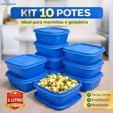 Kit 10 Potes Plástico 1 Litro para Cozinha Marmita Fitness Geladeira Empilhável