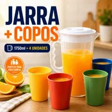 Kit Jarra de 1,7L + 4 Copos de Plástico 350ml ideal para Água Suco Bebidas Completo 5 Peças