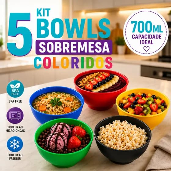 Pote Sobremesa Bowl 5 Peças Plástico 700ml Tigela para Açaí Sorvete Frutas Cumbuca Plástica