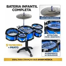 Bateria Infantil Completa 5 Tambores + Prato | Mini Bateria Instrumento Musical Educativo