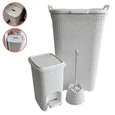 Kit Banheiro Lixeira Pedal 7L Cesto Roupa 50L Escova Sanitária Limpeza Plástico Resistente Limpador