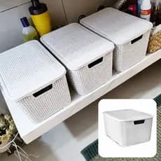 Kit Caixa Organizadora 7L Rattan Cesto Tampa Alça Multiuso Antimofo Brinquedo Banheiro Lavanderia
