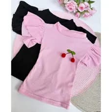 Blusa Infantil Cropped Frufru Canelada Ribana Cerejinha Delicada Feminina