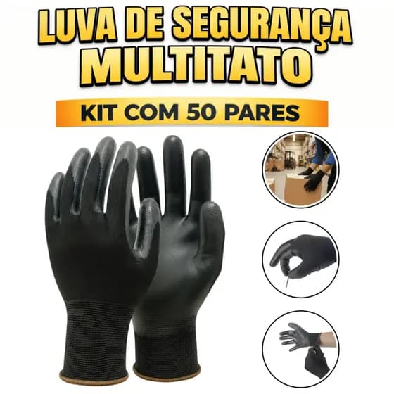 Kit 50 Luva De Segurança Multitato Tatil Banhada Luva Pu Black P M G GG Mecanico Pedreiro Eletricist