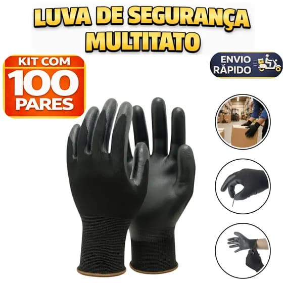 Kit 100 Luva De Segurança Multitato Tatil Banhada Luva Pu Black P M G GG Mecanico Pedreiro Eletricis