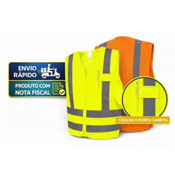 Colete Refletivo Segurança Sinalização Obra Transito Blusão Amarelo Laranja EPI 4 Faixa Visibiliadad