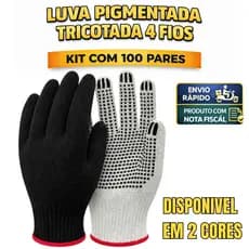 Kit 100 Pares Luvas Pigmentadas Tricotadas Algodão 4 Fios Branca e Preta EPI Pedreiro Mecânico Jardinagem Obra