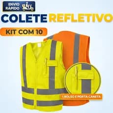 Kit 10 Colete de Segurança com Bolso Refletivo Alta Visibilidade Sinalização Noturna Proteção EPI
