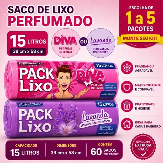 Saco de Lixo Perfumado Resistente 15L Lavanda ou Tutti-Frutti 60,120,180,240 ou 300 unidades