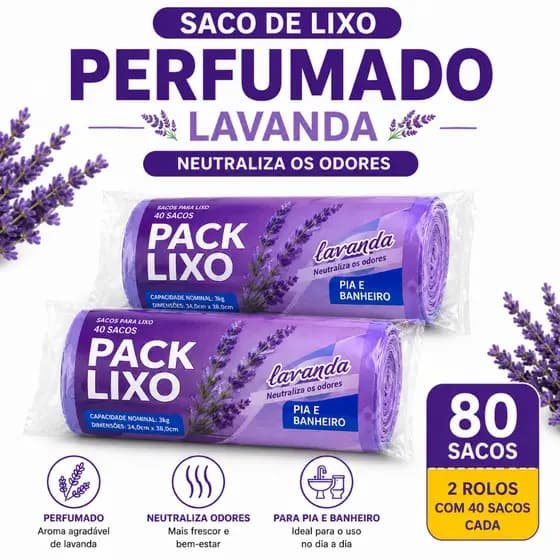 Saco de Lixo Perfumado Lavanda Reforçado 80 unidades Kit para banheiro pia cozinha 34x38 3kg