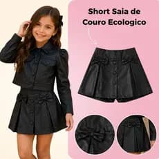 Short Saia Infantil Feminino Couro Courino Laço Menina 2 ao 10 anos