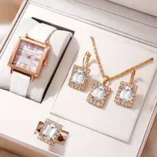 Novo Conjunto de Relógio Quadrado Romano com Pulseira de Pedras Preciosas: Relógio com Pulseira de Couro Quadrada + Conj